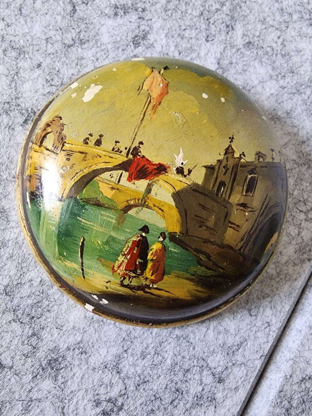 Vintage Florentine Style Painted Wood Trinket Box Turquoise Gold Bridge Scene